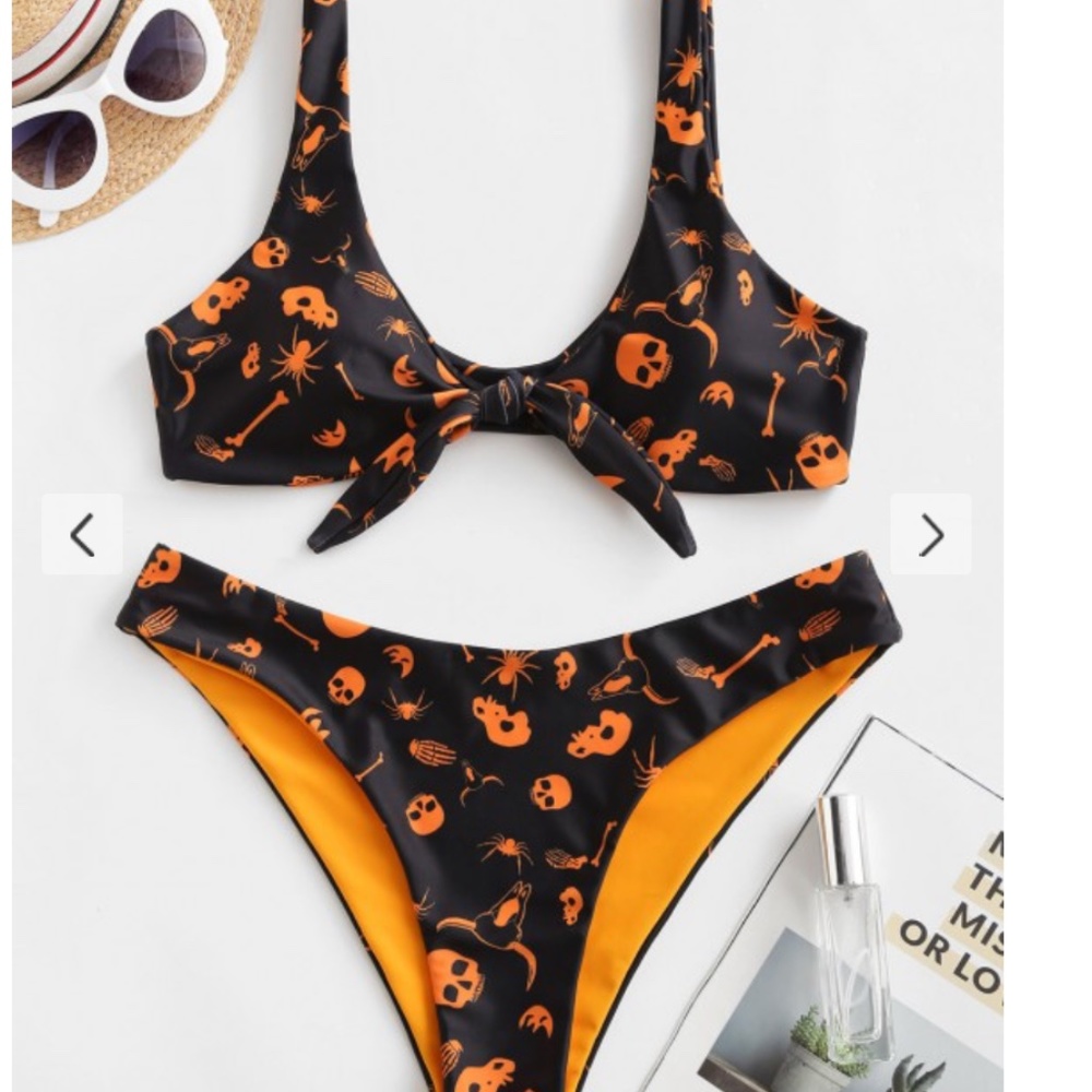 ZAFUL Halloween Black Orange Front Tie Unpadded Bikini Top Bottom Set Size 4 NEW
